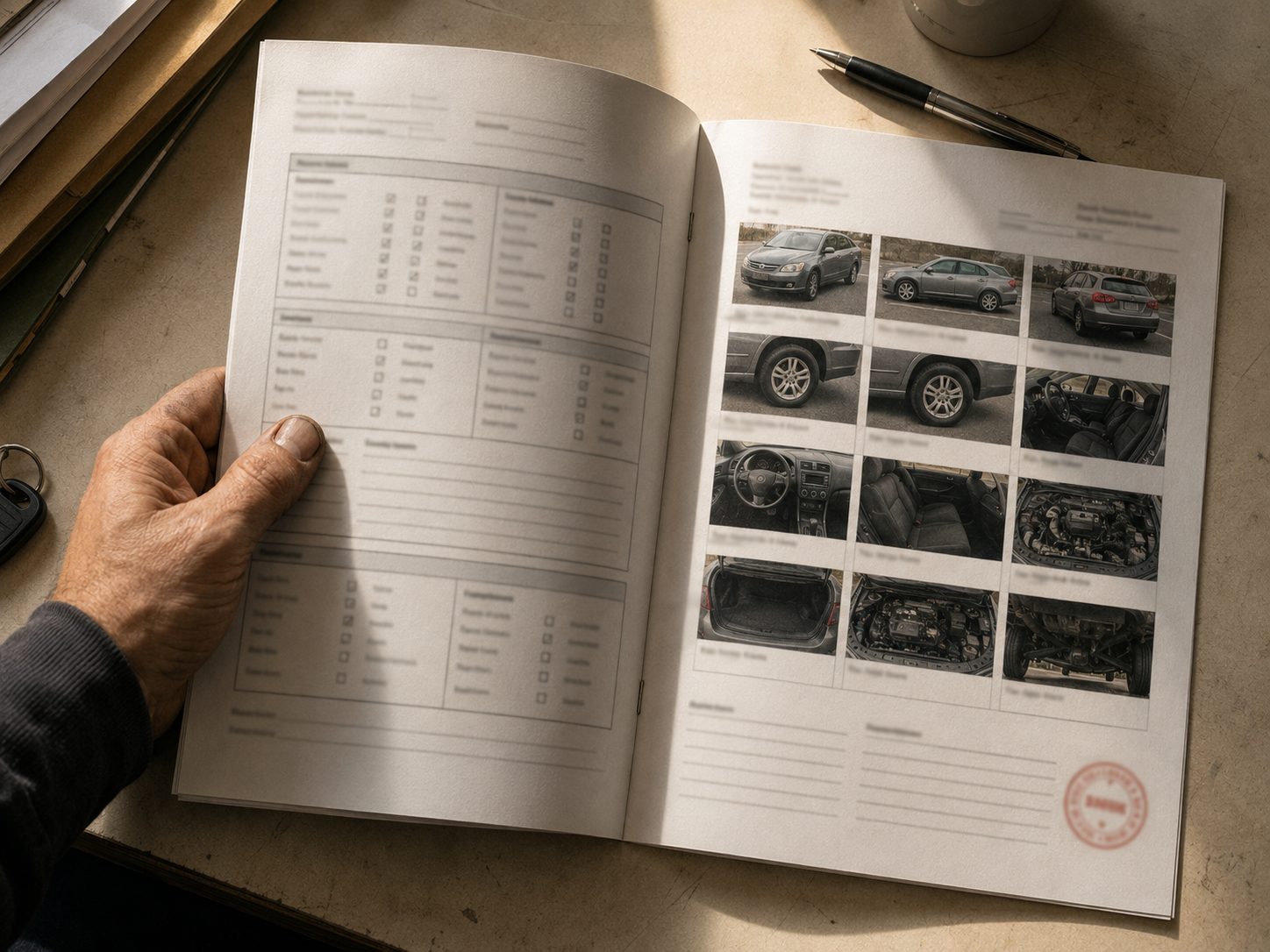 Open vehicle condition report with checklist and photo grid
