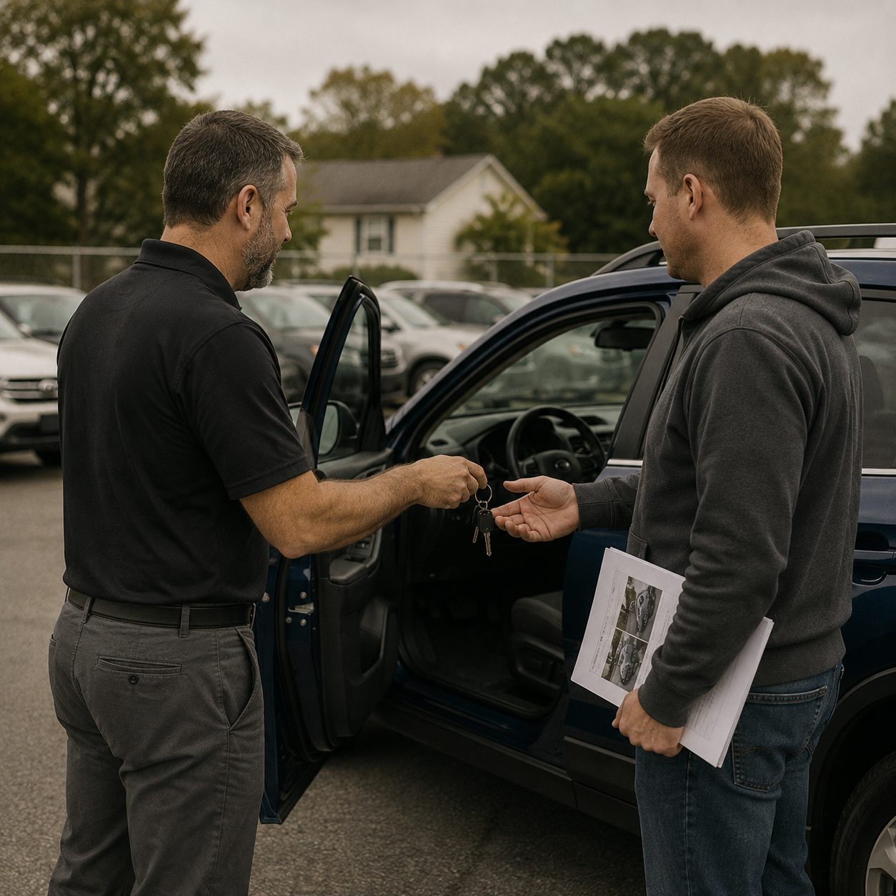Handing over keys beside a vehicle on the lot