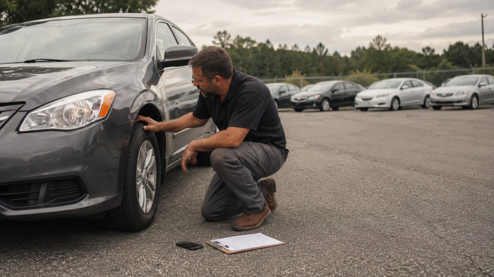 Inspector checking a tire on a used-car lot in Garner, North Carolina