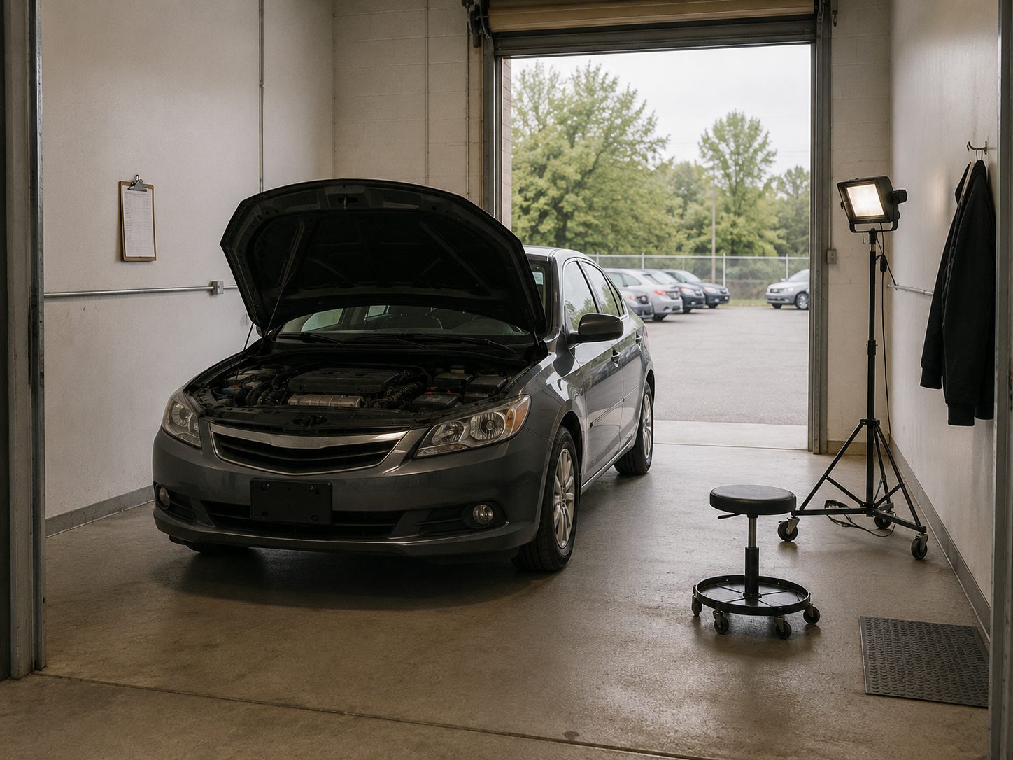 Inspection bay in Garner, North Carolina with a vehicle, hood open