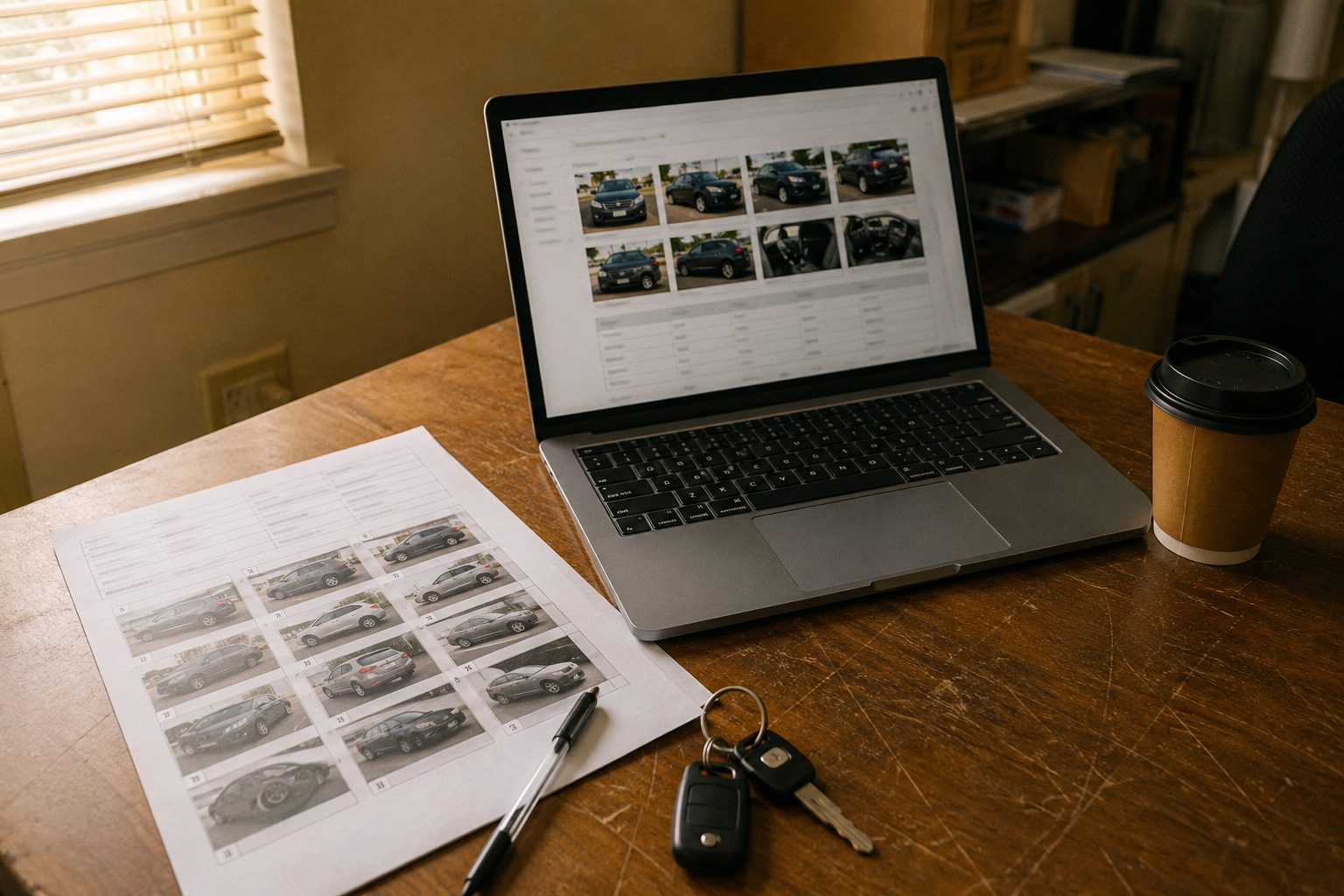 Vehicle listing photos on a laptop beside a printed report